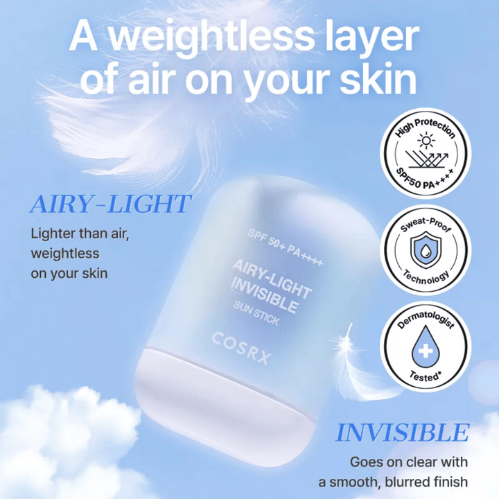COSRX Airy-Light Invisible Sun Stick – ultralight ochrana pred slnkom so SPF 50+ a PA++++, poskytuje bezváhový, neviditeľný finiš.