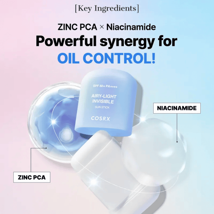 Kľúčové ingrediencie v COSRX Airy-Light Invisible Sun Stick – Zink PCA a Niacínamid pre efektívnu kontrolu mazu a jasnú pokožku.
