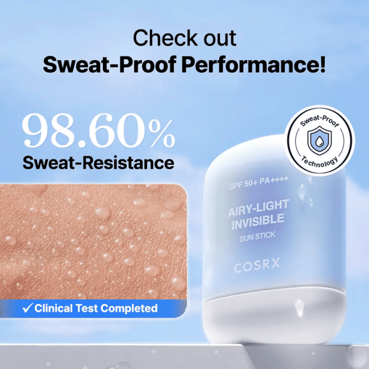 COSRX Airy-Light Invisible Sun Stick s 98,6 % odolnosťou proti potu – preukázaná sweat-proof technológia pre dlhodobú ochranu.