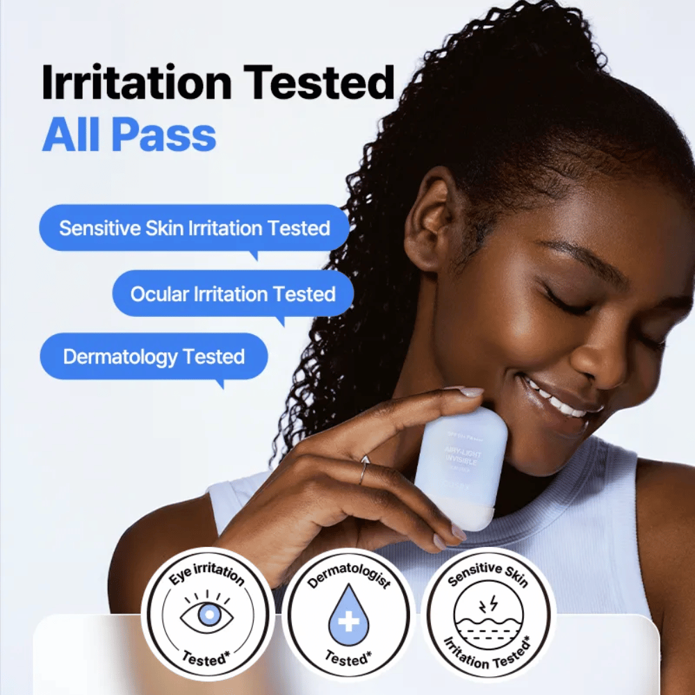Klinicky testovaný COSRX Airy-Light Invisible Sun Stick – testovaný pre citlivú pokožku, očné podráždenie a dermatologicky schválený.