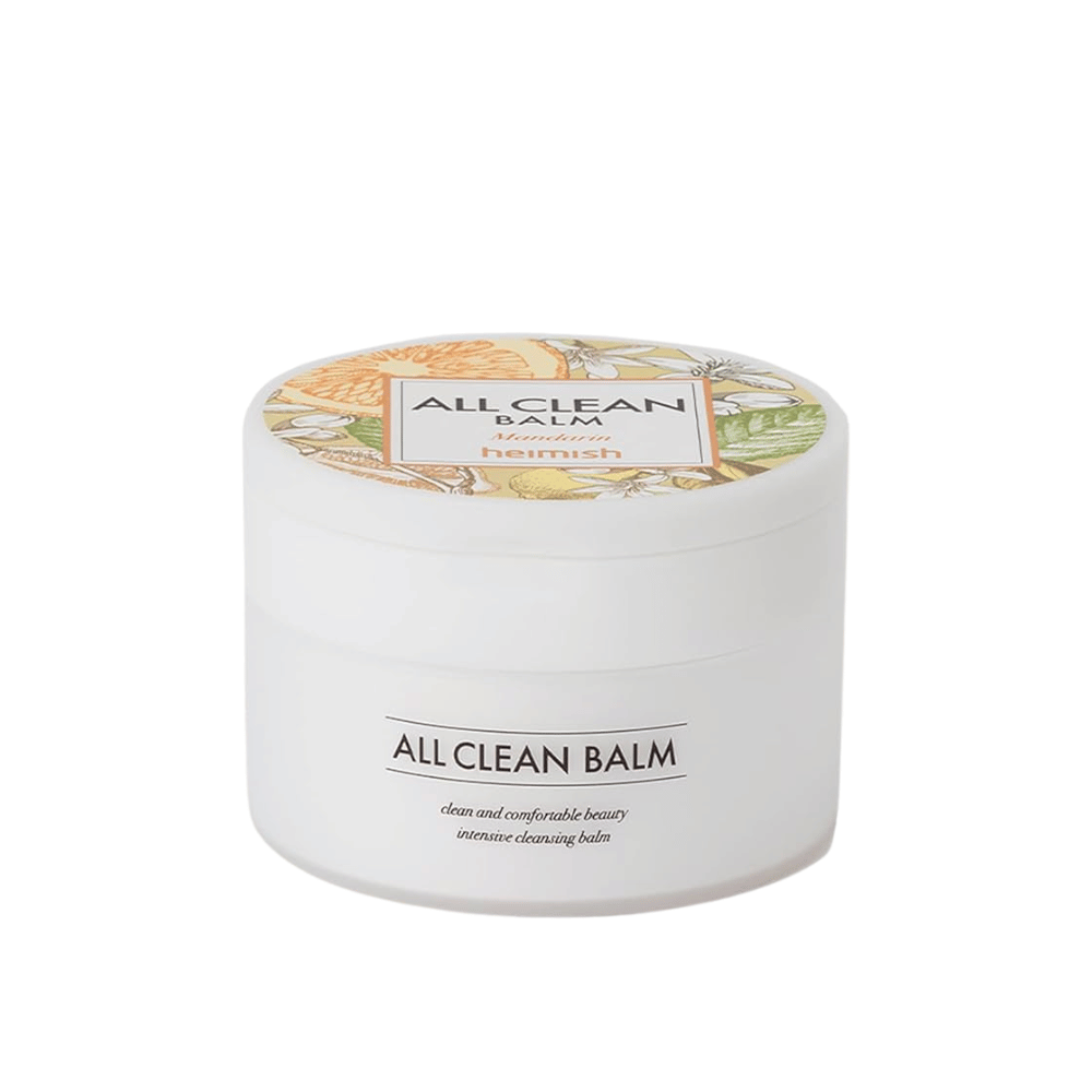 Pohár Heimish All Clean Balm s vôňou mandarínky, intenzívny čistiaci balzam, s farebnou etiketou a bielym obalom.