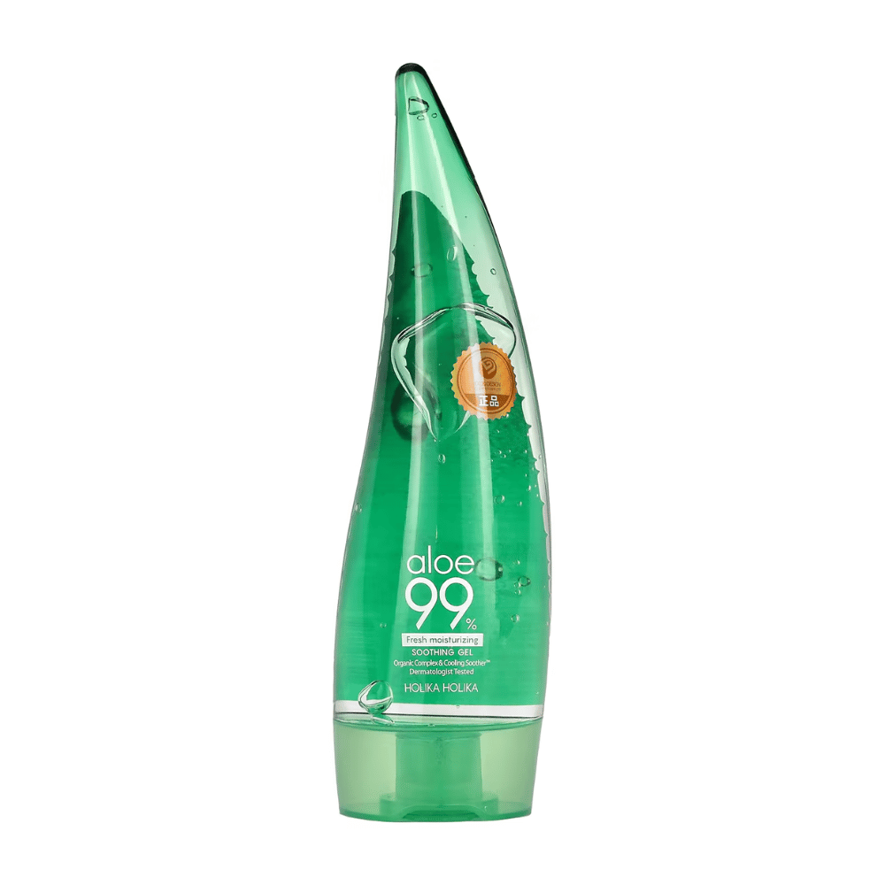Zelená, aloe-formovaná fľaša s Holika Holika Aloe 99% Soothing Gel. Fľaša obsahuje upokojujúci gél a má text, ktorá popisuje hydratačné a upokojujúce vlastnosti produktu.