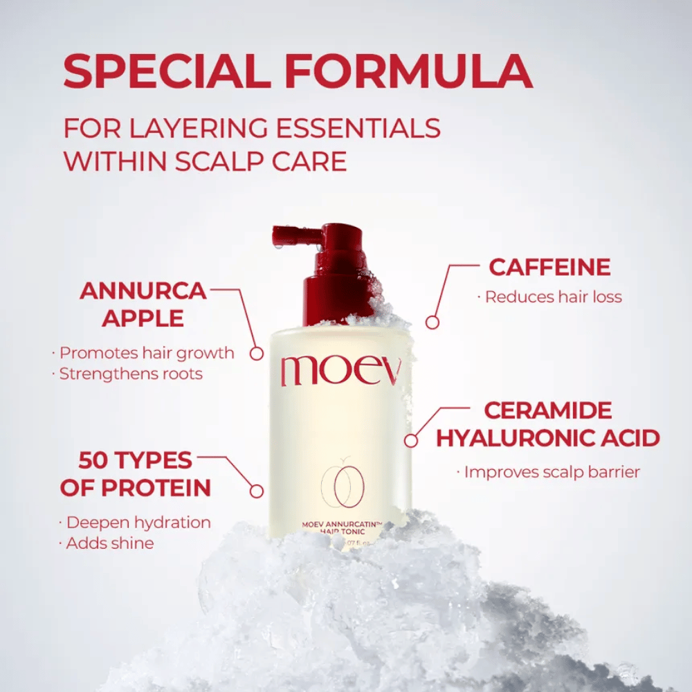 MOEV Annurcatin Hair Tonic – pokročilá formula s jablkom Annurca, kofeínom a kyselinou hyalurónovou, ktorá posilňuje vlasy a pokožku hlavy.