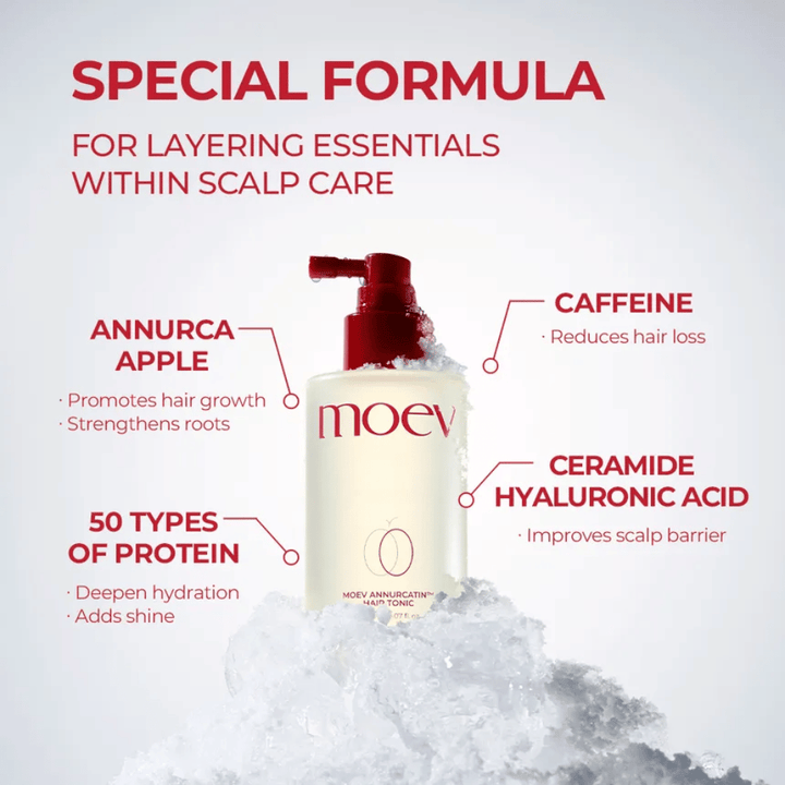 MOEV Annurcatin Hair Tonic – pokročilá formula s jablkom Annurca, kofeínom a kyselinou hyalurónovou, ktorá posilňuje vlasy a pokožku hlavy.