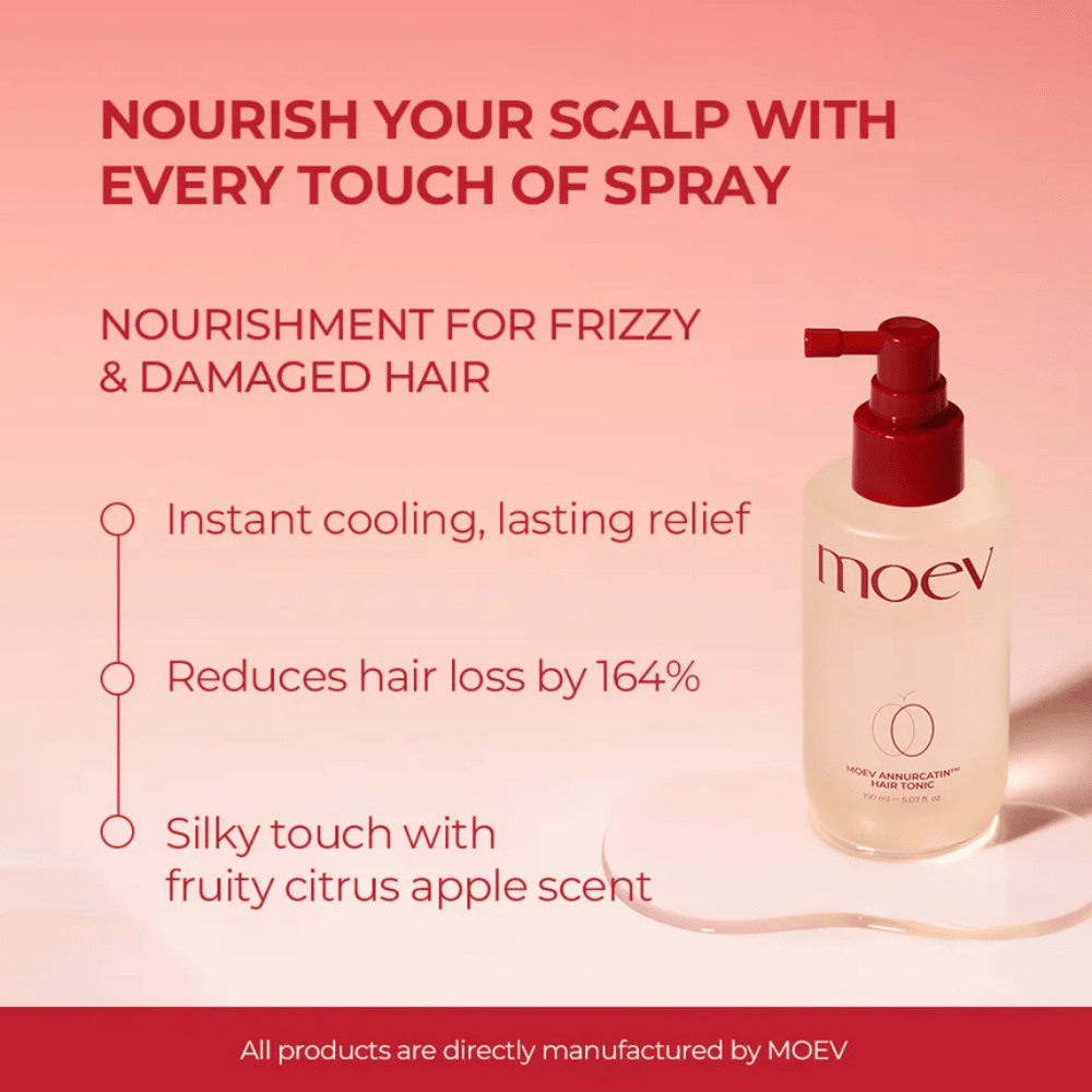 MOEV Annurcatin Hair Tonic – ošetrujúci sprej, ktorý znižuje vypadávanie vlasov, ochladzuje pokožku hlavy a poskytuje sviežu citrusovú vôňu.