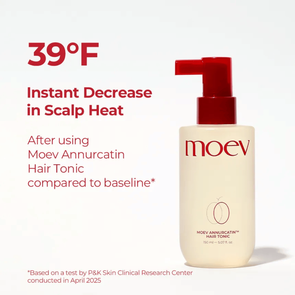 MOEV Annurcatin Hair Tonic – klinicky testovaná starostlivosť o vlasy, ktorá chladí pokožku hlavy a znižuje teplotu až o 39°F pre zdravšie vlasy.