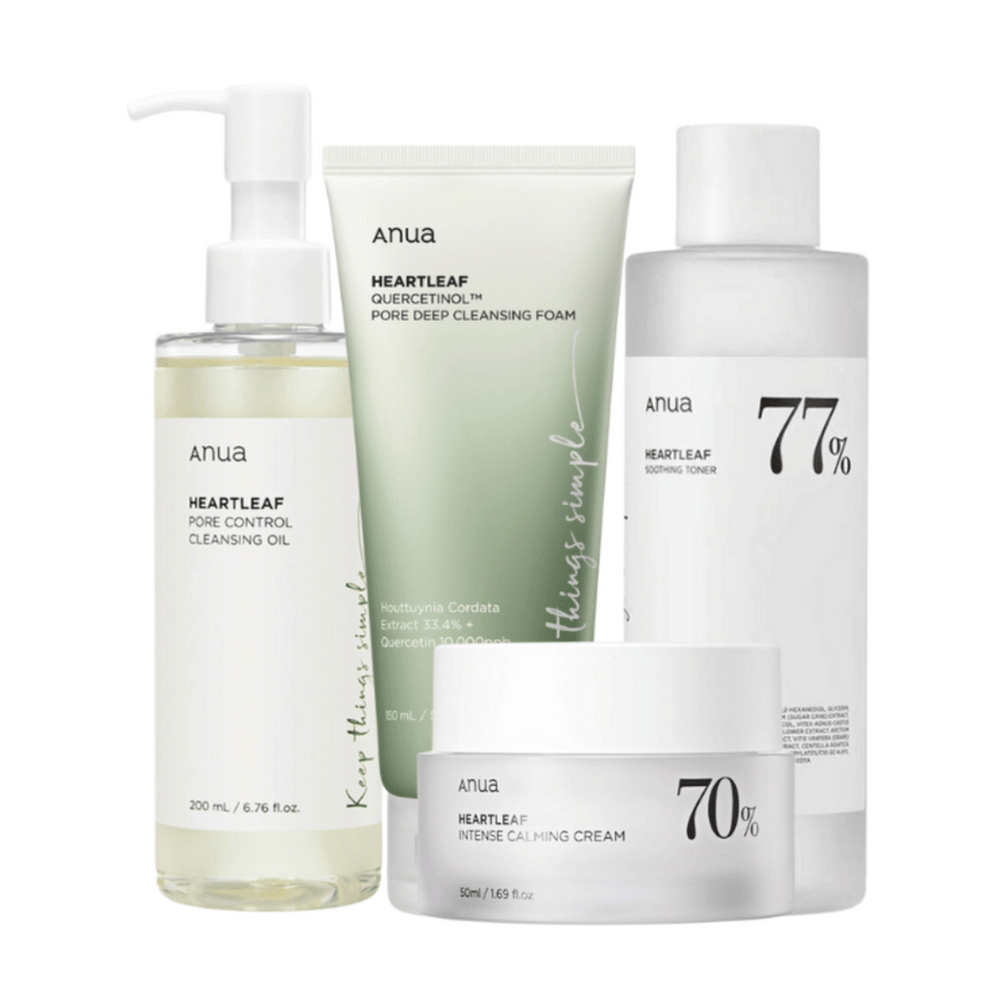 Sada produktov starostlivosti o pleť od Anua, obsahujúca Heartleaf Pore Control Cleansing Oil, Heartleaf 77% Soothing Toner, Heartleaf Quercetin+ Pore Deep Cleansing Foam a Heartleaf 70% Intense Calming Cream. Tieto produkty sú formulované so srdcovníkom a ďalšími upokojujúcimi zložkami, navrhnuté na zmenšenie pórov, upokojenie a hydratáciu pokožky.