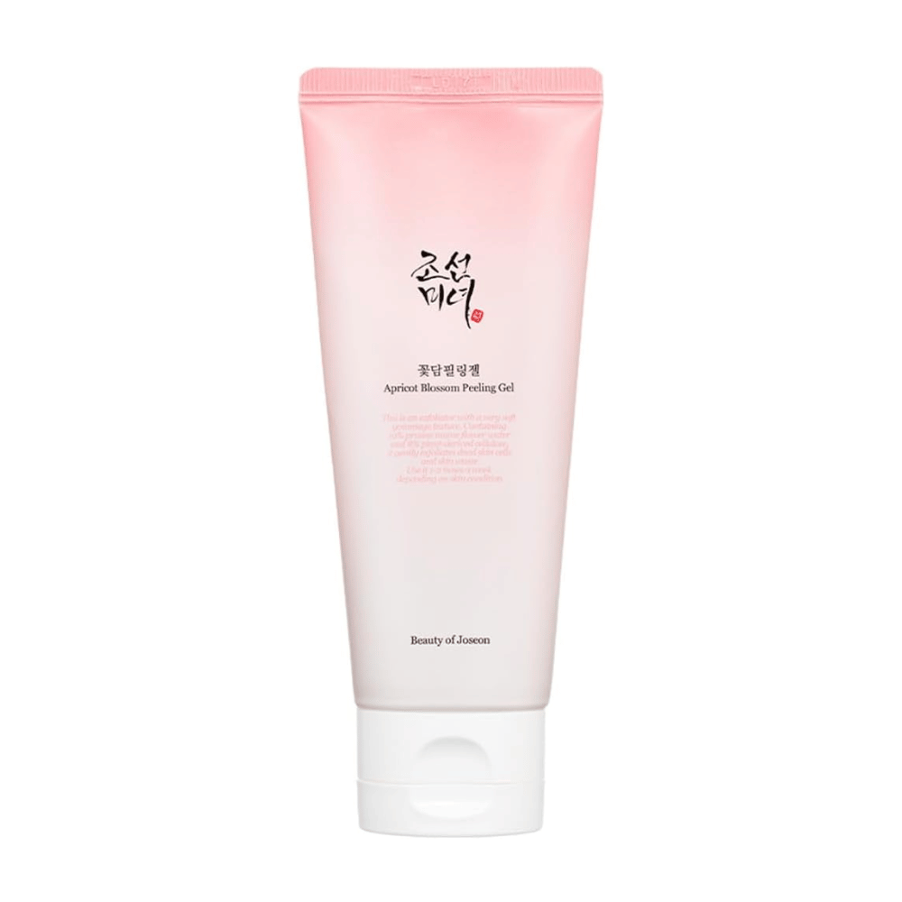 Ružová tuba s Apricot Blossom Peeling Gel od Beauty of Joseon na bielom pozadí.