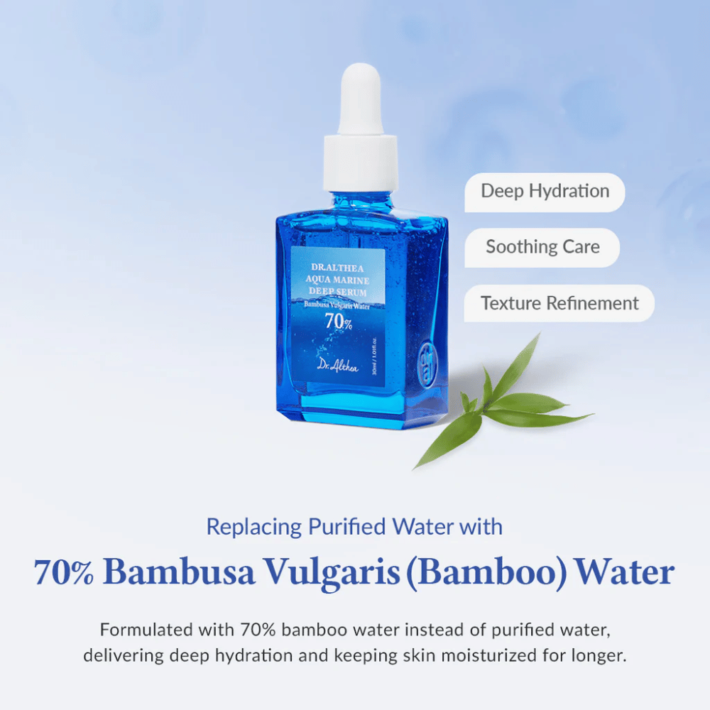 Dr. Althea Aqua Marine Deep Serum v modrej sklenenej fľaši s pipetou, formulované so 70 % Bambusa Vulgaris (bambusová) voda pre hlbokú hydratáciu, upokojujúcu starostlivosť a zlepšenú textúru pokožky.