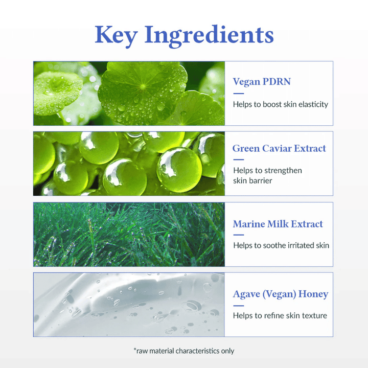 Kľúčové ingrediencie v Dr. Althea Aqua Marine Deep Serum – Vegánske PDRN pre elasticitu, extrakt z Green Caviar, ktorý posilňuje kožnú bariéru, extrakt z morského mlieka, ktorý upokojuje pokožku, a agáve (vegánsky med) pre rovnomernejšiu štruktúru pokožky.