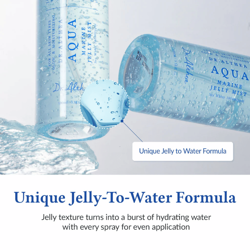 Dr. Althea Aqua Marine Jelly Mist s unikátnou želé-to-water formulou, ktorá sa aktivuje pri sprejovaní a poskytuje intenzívnu hydratáciu
