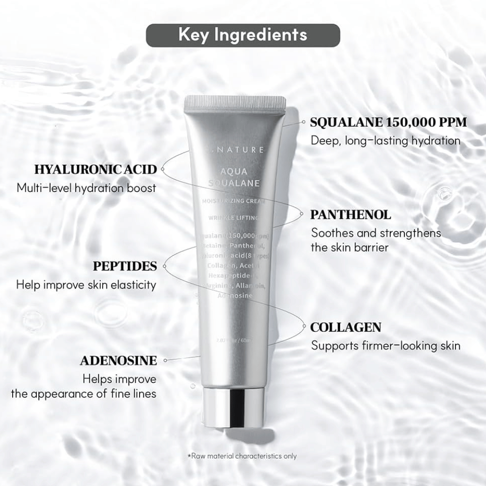S.NATURE Aqua Squalane Moisturizing Cream s squalane, kyselinou hyalurónovou, pantenolom, peptidmi a kolagénom pre hydratovanú a pružnú pleť.
