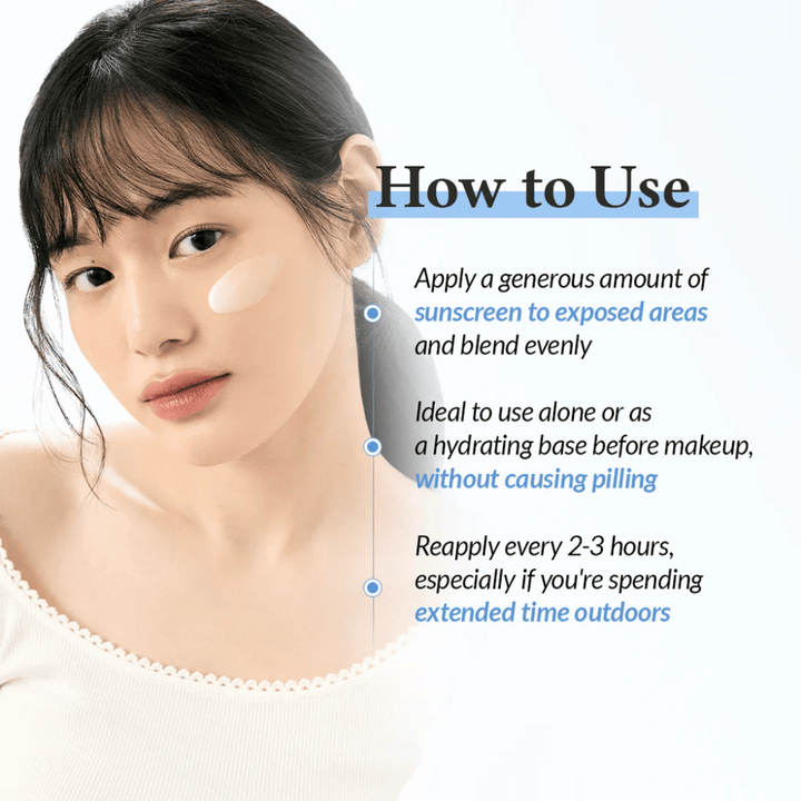 Žena s opaľovacím krémom na líci ukazuje, ako používať produkt, s textom vysvetľujúcim aplikáciu, použitie pod make-upom a opätovnú aplikáciu každé 2–3 hodiny pri pobyte vonku.