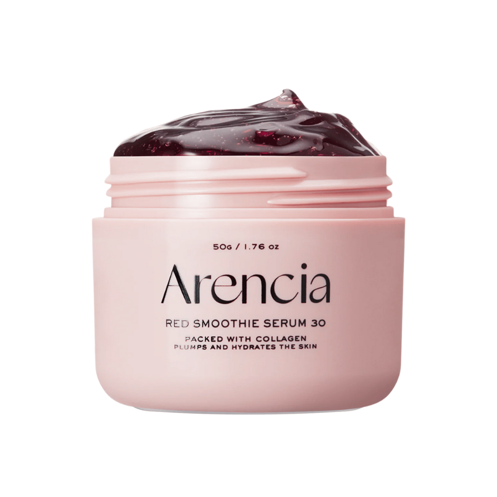 Zblízka na Arencia Red Smoothie Serum 30 v ružovej nádobe, naplnené hlbokým červeným gélom pre hydratáciu a pružnosť.