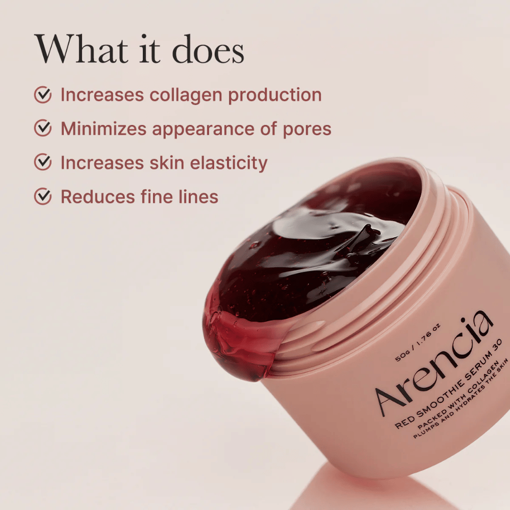 Otvorená nádoba Arencia Red Smoothie Serum 30 s gélovou textúrou, uvedené výhody: zvýšený kolagén, minimalizované póry, zlepšená elasticita, znížené línie.