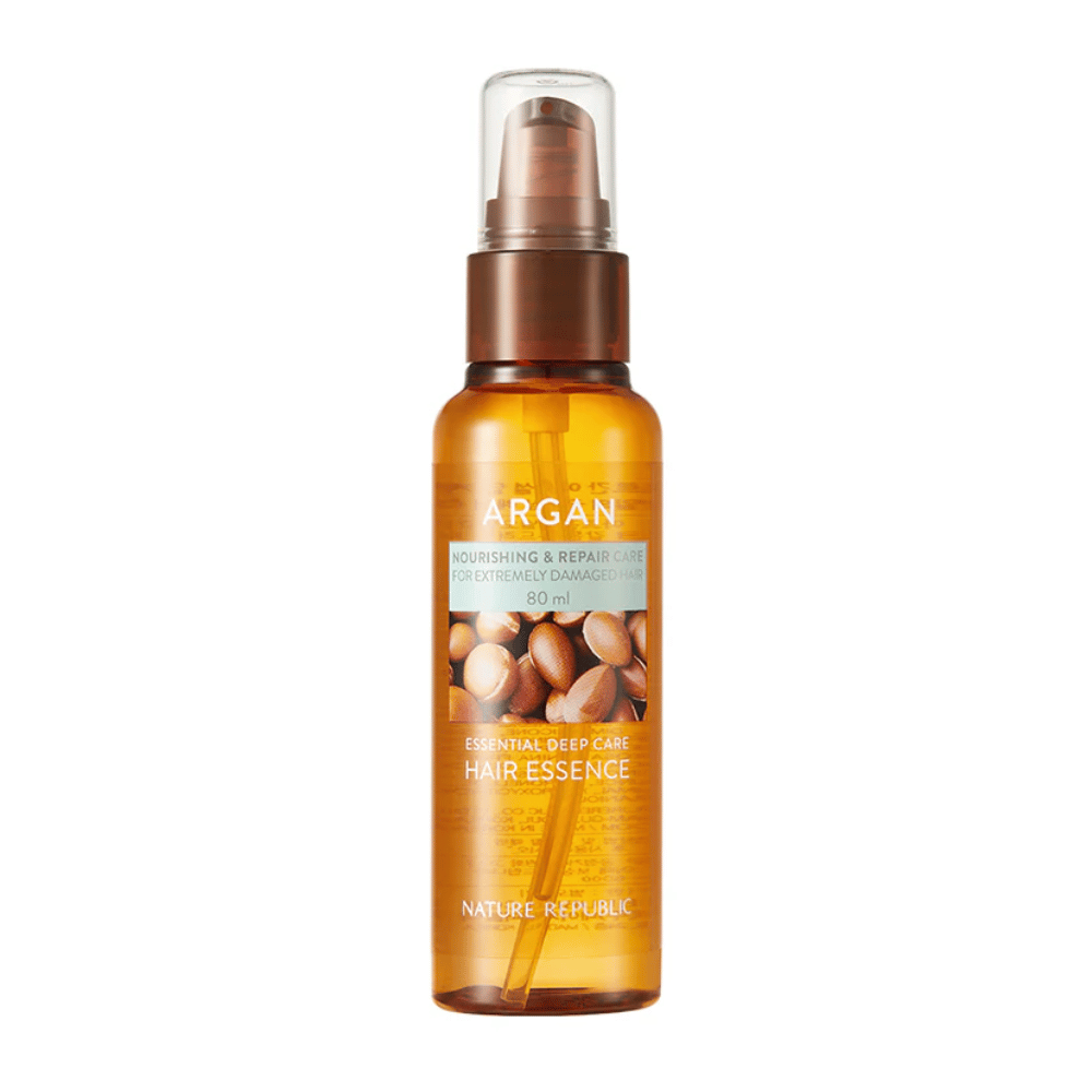 Produktový obrázok Nature Republic Argan Essential Moisture Hair Oil 80 ml – výživný olej na vlasy pre suché a poškodené vlasy.