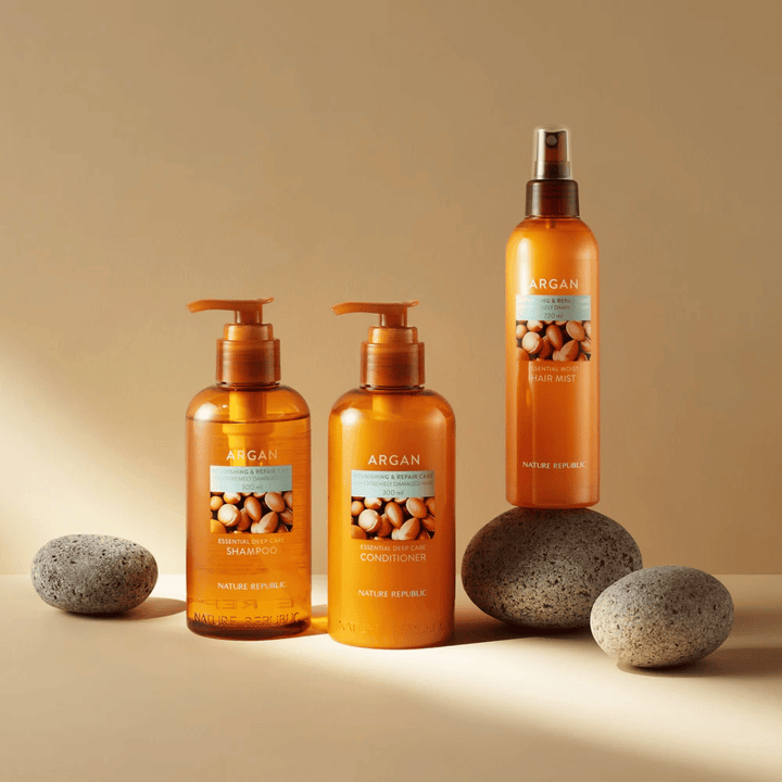 Nature Republic Argan-séria so šampónom, kondicionérom a hmlou na vlasy pre poškodené vlasy – obohatená arganovým olejom pre lesk a výživu.