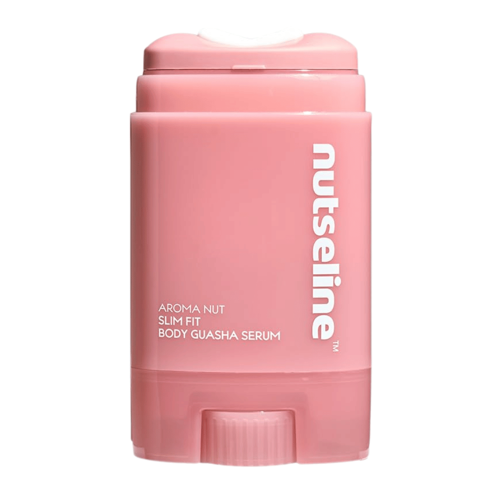 Čistý produktový obrázok Nuseline Aroma Nut Slim Fit Body Guasha Serum na svetlom pozadí so zameraním na dizajn obalu.