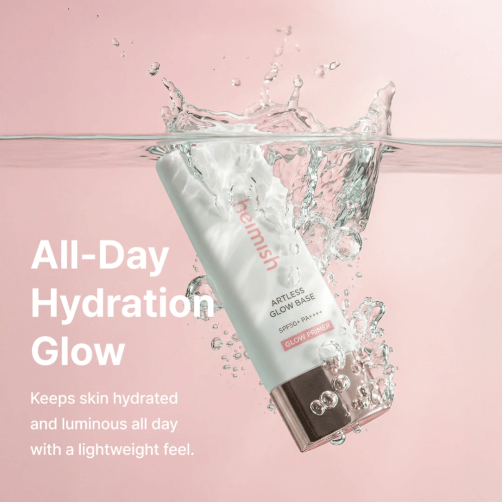 Heimish Artless Glow Base SPF50+ PA++++ – hydratačná slnečná ochrana a glow primer s ľahkým zložením pre jas po celý deň.