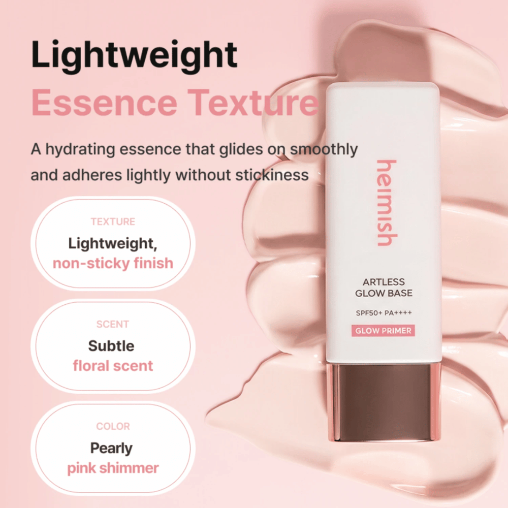 Heimish Artless Glow Base SPF50+ PA++++ – ľahký hydratačný glow primer s perleťovo trblietavým ružovým finišom bez lepkavého pocitu.