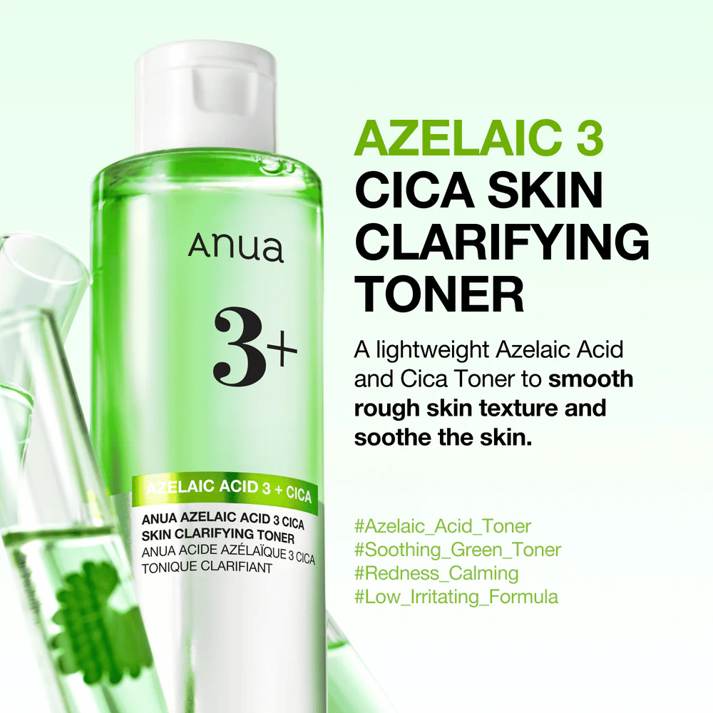 Anua Azelaic Acid 3 Cica Skin Clarifying Toner s 3 % kyselinou azelaovou a centellou asiatica, ktoré jemne exfoliujú, upokojujú pleť a zlepšujú jej jas.