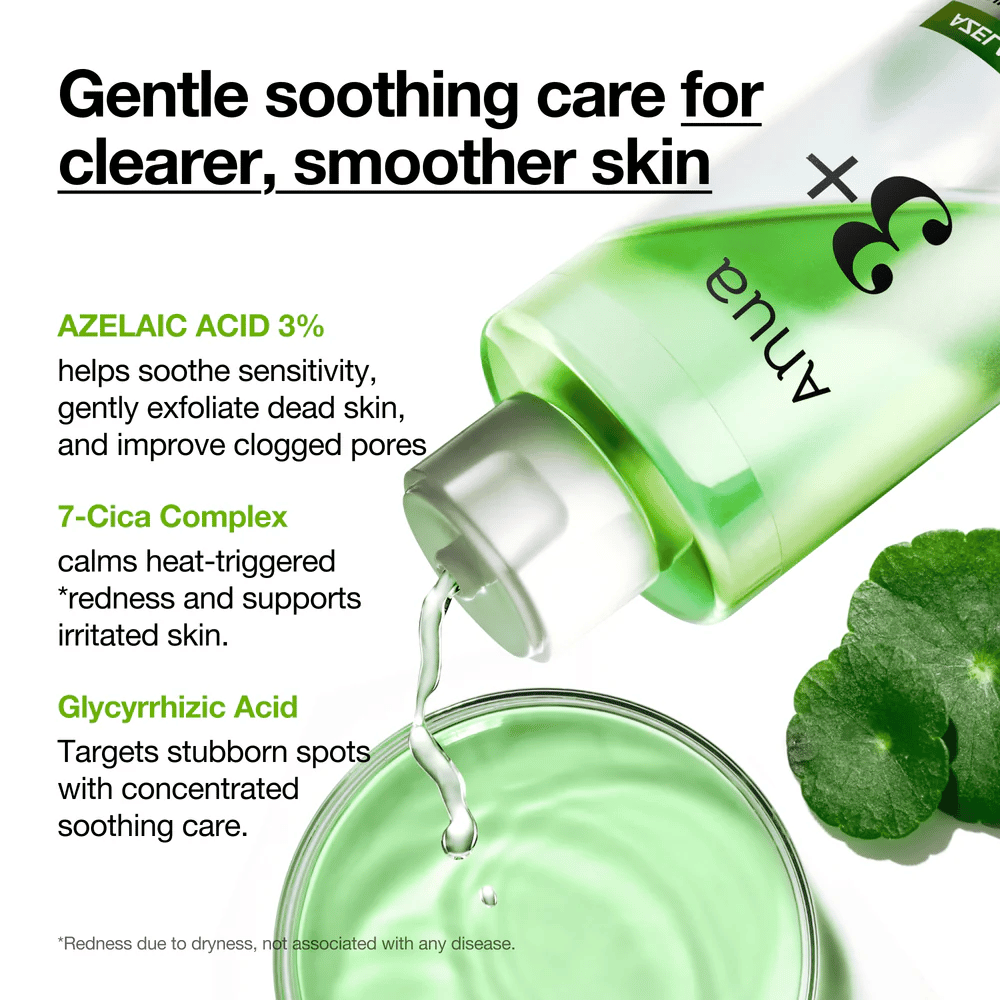 Anua Azelaic Acid 3 Cica Skin Clarifying Toner s 3 % kyselinou azelaovou, 7-Cica Complexom a kyselinou glycyrrhizovou, ktoré upokojujú citlivú pleť a znižujú začervenanie.