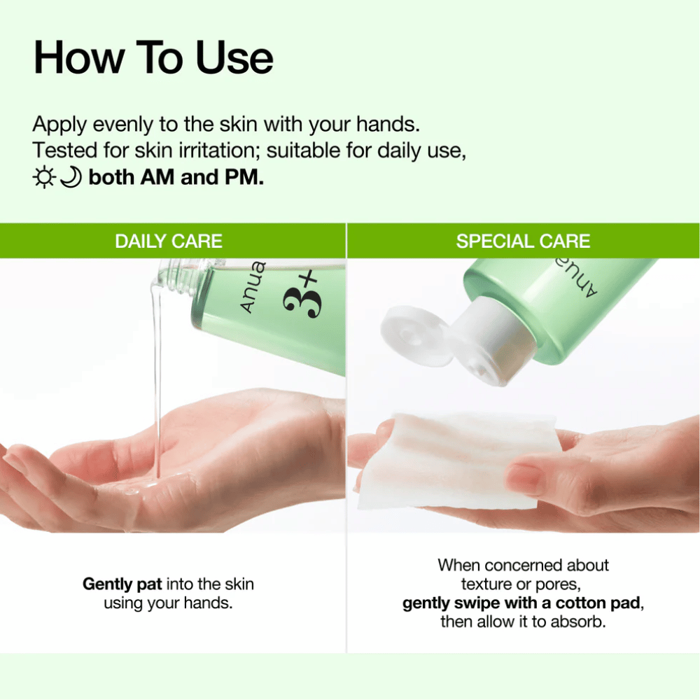Anua Azelaic Acid 3 Cica Skin Clarifying Toner sa nanáša rukami alebo vatovým tampónom na upokojenie pleti a zlepšenie jej textúry.