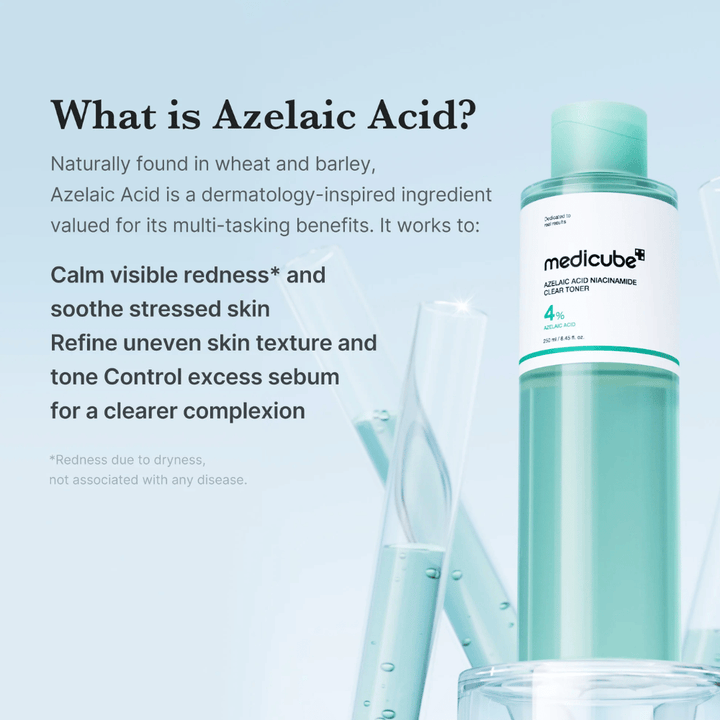 Medicube Azelaic Acid Niacinamide Clear Toner so 4 % kyselinou azelaovou, ktorá pomáha upokojiť začervenanie, zjednotiť tón pleti a kontrolovať nadbytočný maz pre čistejšiu pleť.