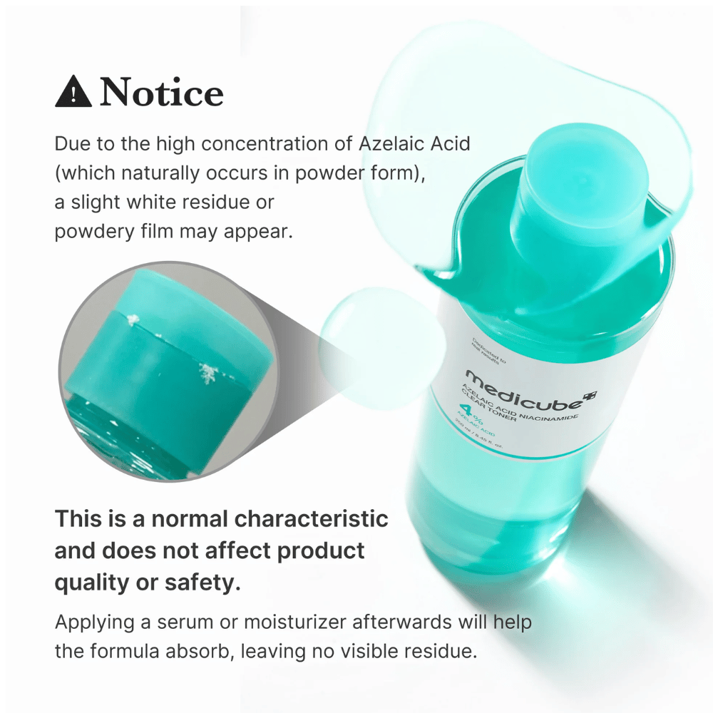 Medicube Azelaic Acid Niacinamide Clear Toner ktoré zobrazuje prirodzené kryštalické zvyšky kyseliny azelaovej a vysvetľuje, že je to normálne a neovplyvňuje to kvalitu ani bezpečnosť produktu.