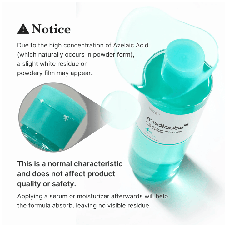 Medicube Azelaic Acid Niacinamide Clear Toner ktoré zobrazuje prirodzené kryštalické zvyšky kyseliny azelaovej a vysvetľuje, že je to normálne a neovplyvňuje to kvalitu ani bezpečnosť produktu.