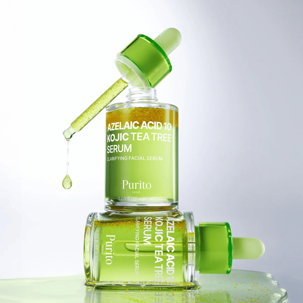 Purito Azelaic Acid 10 Kojic Tea Tree Serum – svieža zelená formula s kvapkou z pipety, ktorá ukazuje ľahkú textúru séra.