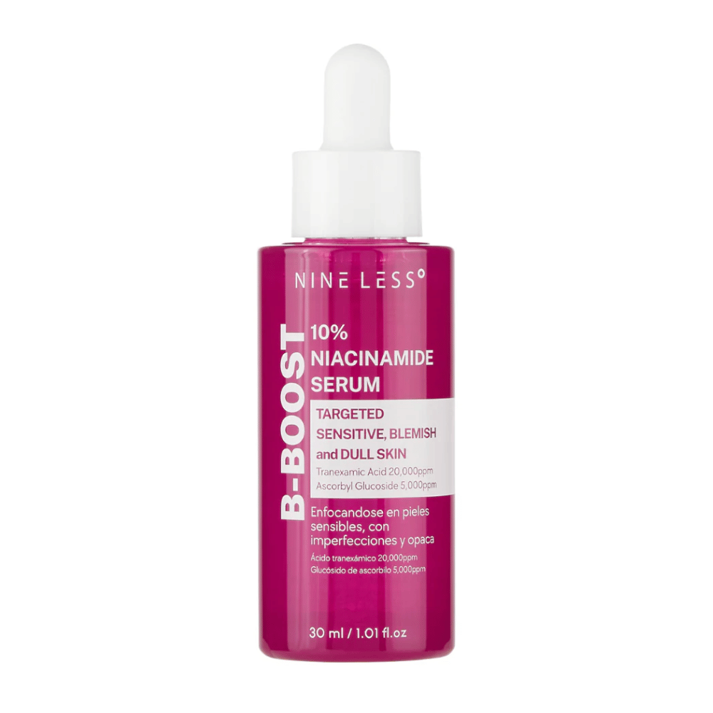 B-Boost 10% Niacinamide sérum v fľaši s pipetou.