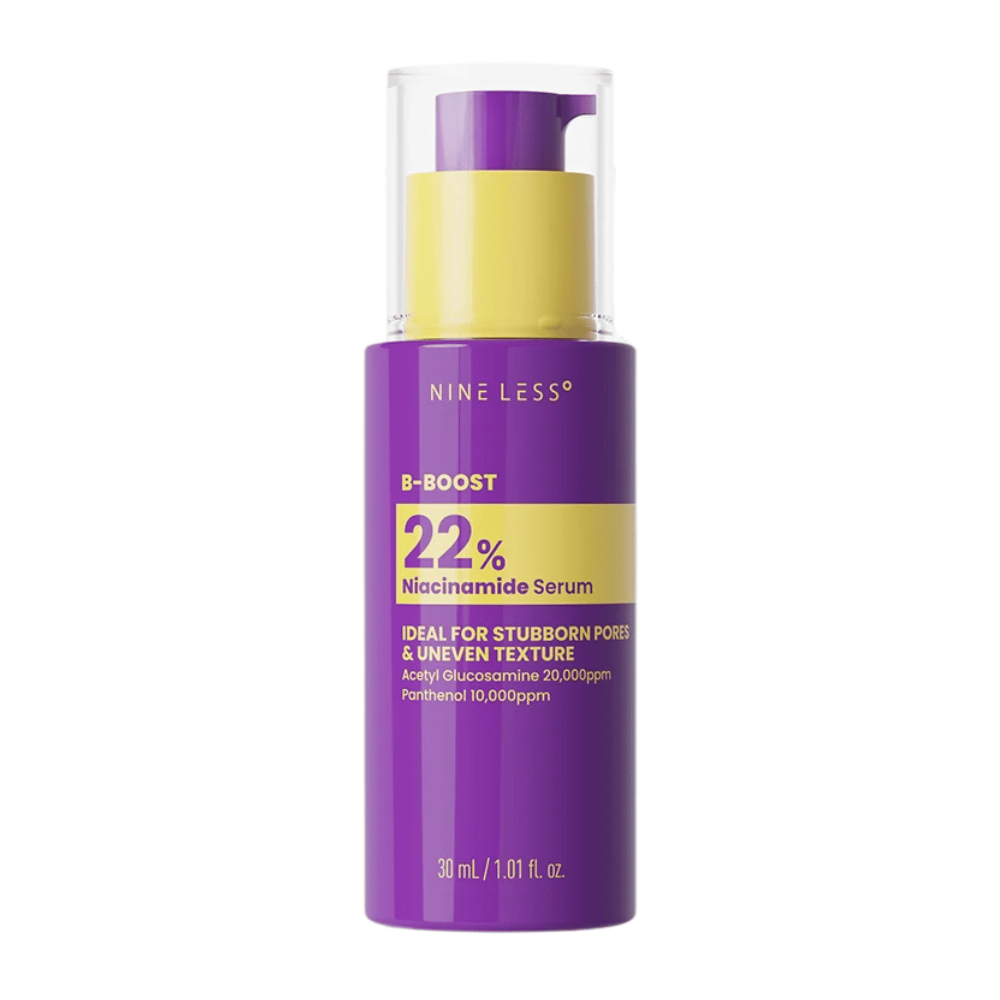 7. NINE LESS B-Boost 22% Niacinamide Serum 30 ml – fialová pumpičková fľaštička s 22 % niacínamidom proti nerovnomernej štruktúre pleti
