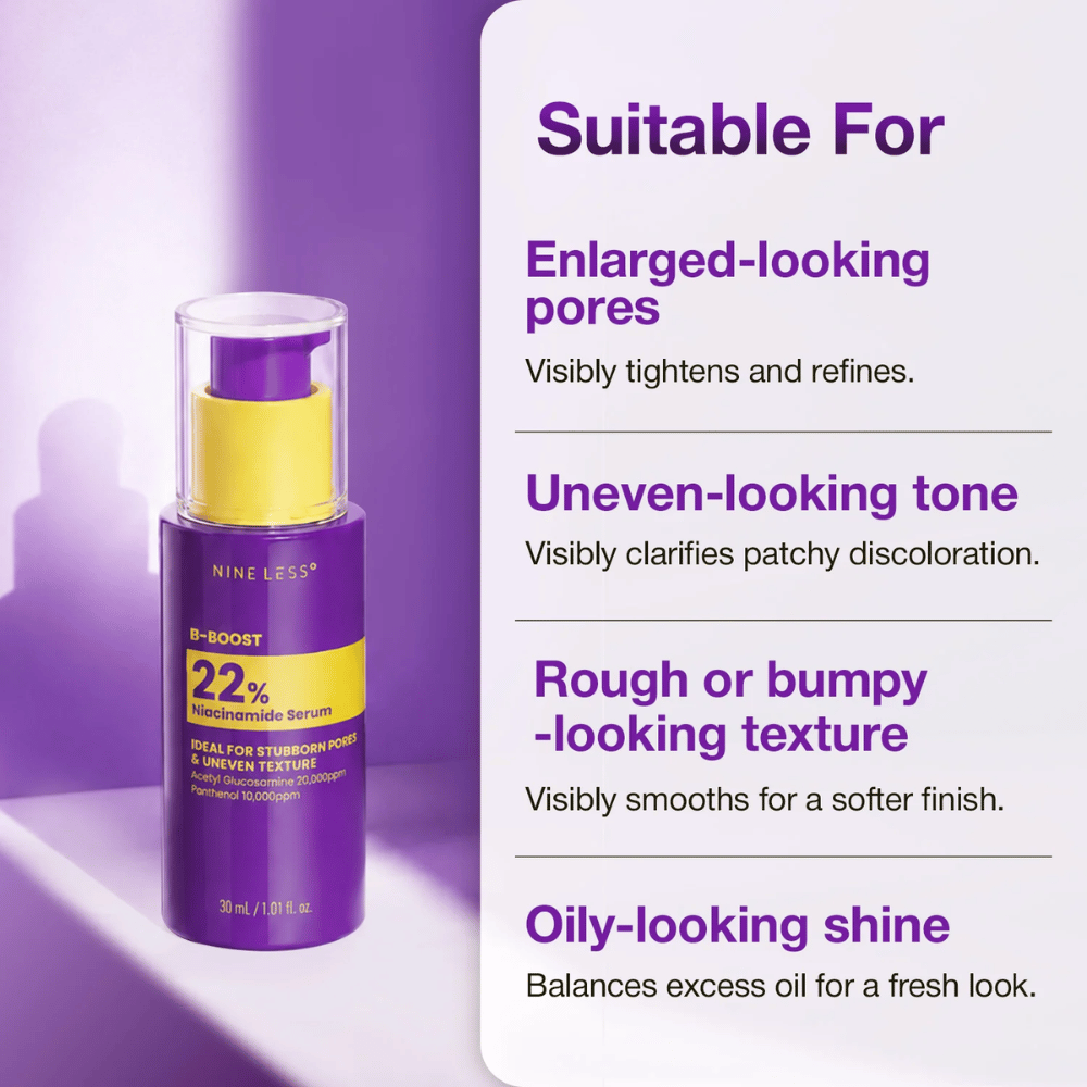 2. NINE LESS B-Boost 22% Niacinamide Serum – sérum na rozšírené póry, nerovnomerný tón pleti a hrubú štruktúru pleti