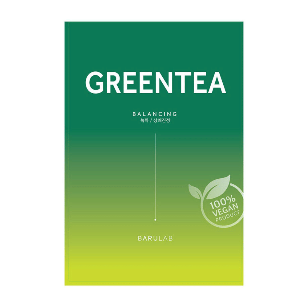 Balenie masky BARULAB "GREENTEA Balancing", označené ako "100% Vegan Product". Balenie má farebný prechod od tmavozelenej po svetložltú.