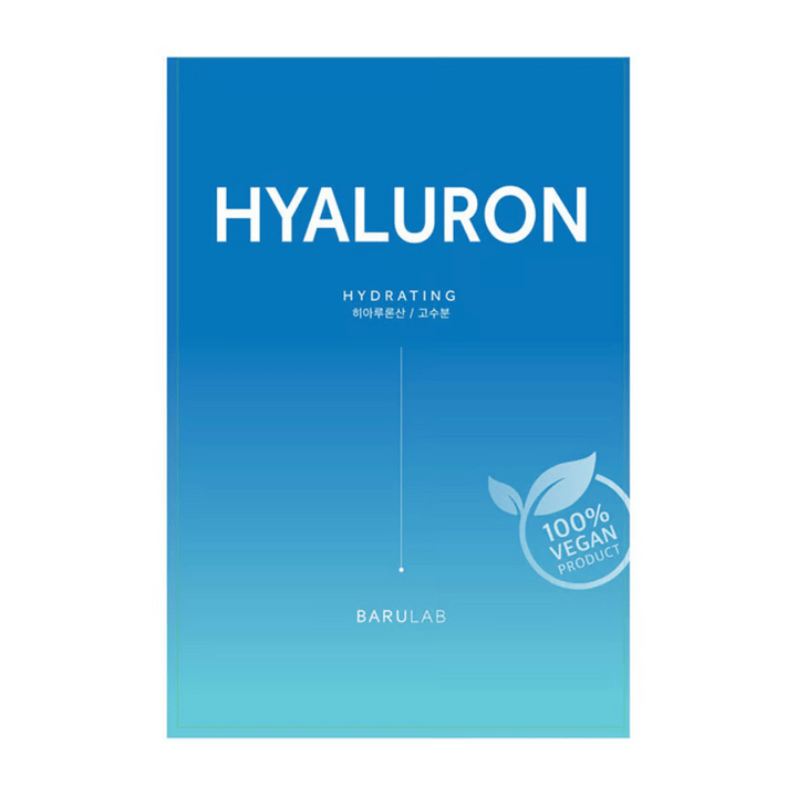 Balenie masky BARULAB "HYALURON Hydrating", označené ako "100% Vegan Product". Balenie má farebný prechod z tmavomodrej hore do svetlomodrej dole.