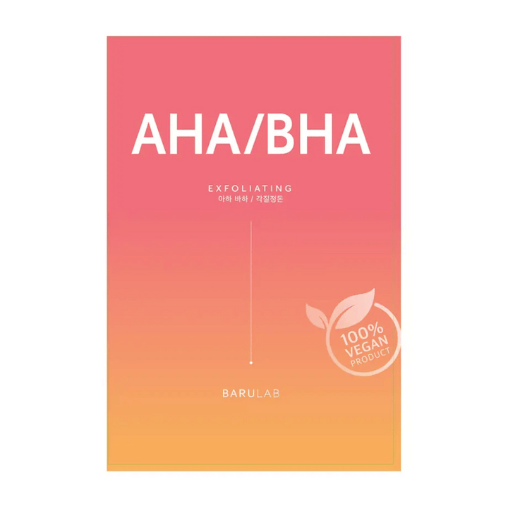 Balenie produktu BARULAB pre masku "AHA/BHA Exfoliating", označené ako "100% vegánsky produkt". Balenie prechádza farbou z červenej na žltú.