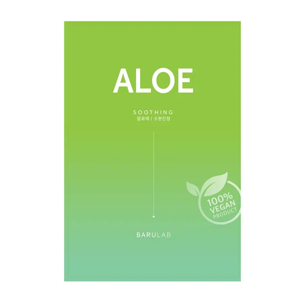 Balenie produktu BARULAB "Aloe Soothing" maska, ktorý je tiež označený ako "100% Vegan Product". Balenie je jednotne svetlozelené.