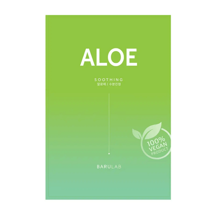 Balenie produktu BARULAB "Aloe Soothing" maska, ktorý je tiež označený ako "100% Vegan Product". Balenie je jednotne svetlozelené.