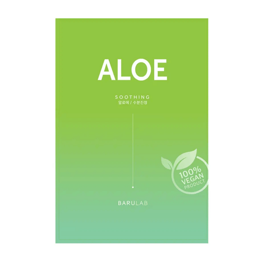 Balenie produktu BARULAB "Aloe Soothing" maska, ktorý je tiež označený ako "100% Vegan Product". Balenie je jednotne svetlozelené.