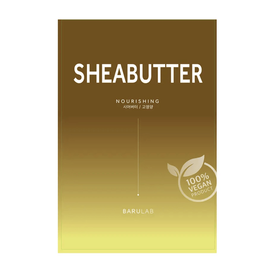 Balenie masky BARULAB "SHEABUTTER Nourishing", označené ako "100% Vegan Product". Balenie má farebný prechod z tmavo zlatej hnedej hore na svetlo žltú dole.