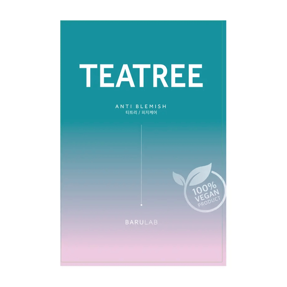 Balenie masky BARULAB "TEATREE Anti Blemish", označené ako "100% Vegan Product". Balenie má farebný prechod z tyrkysovej na vrchu do svetloružovej na spodku.