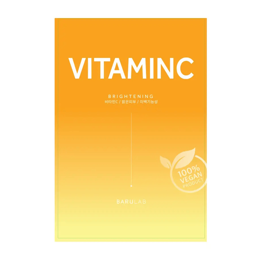 Balenie masky BARULAB "VITAMINC Brightening", označené ako "100% Vegan Product". Balenie má farebný prechod od oranžovej hore po svetložltú dole.