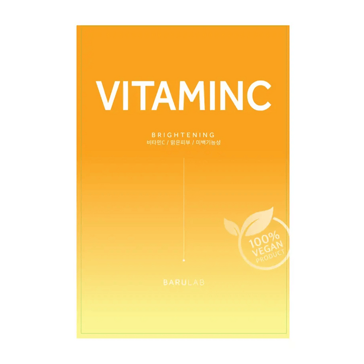 Balenie masky BARULAB "VITAMINC Brightening", označené ako "100% Vegan Product". Balenie má farebný prechod od oranžovej hore po svetložltú dole.