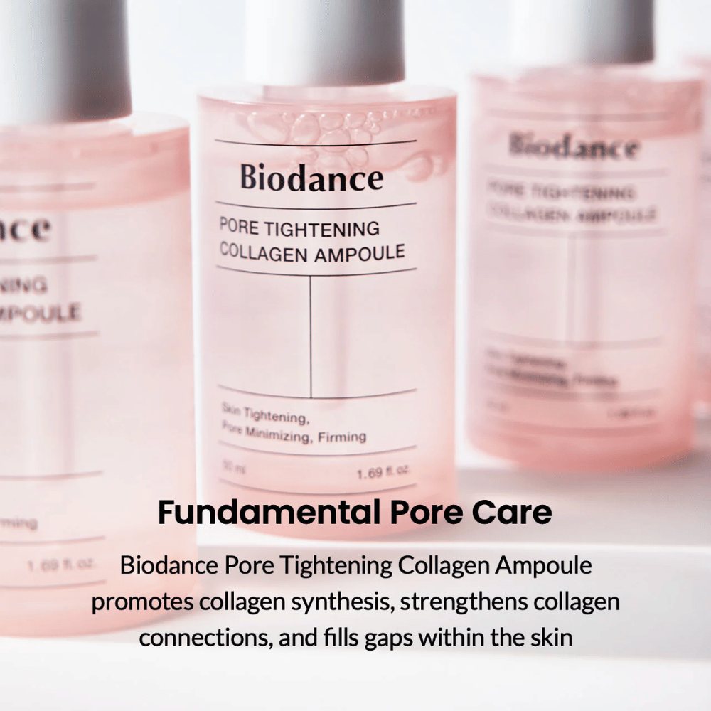 Biodance Pore Tightening Collagen Ampoule podporuje syntézu kolagénu, posilňuje kolagénové väzby a vyplňuje nerovnosti pokožky. Poskytuje pevnejšiu pokožku, minimalizuje póry a zlepšuje elasticitu pokožky pre rovnomerný a hladký povrch. Perfektné na intenzívnu starostlivosť o póry a každodenné použitie.