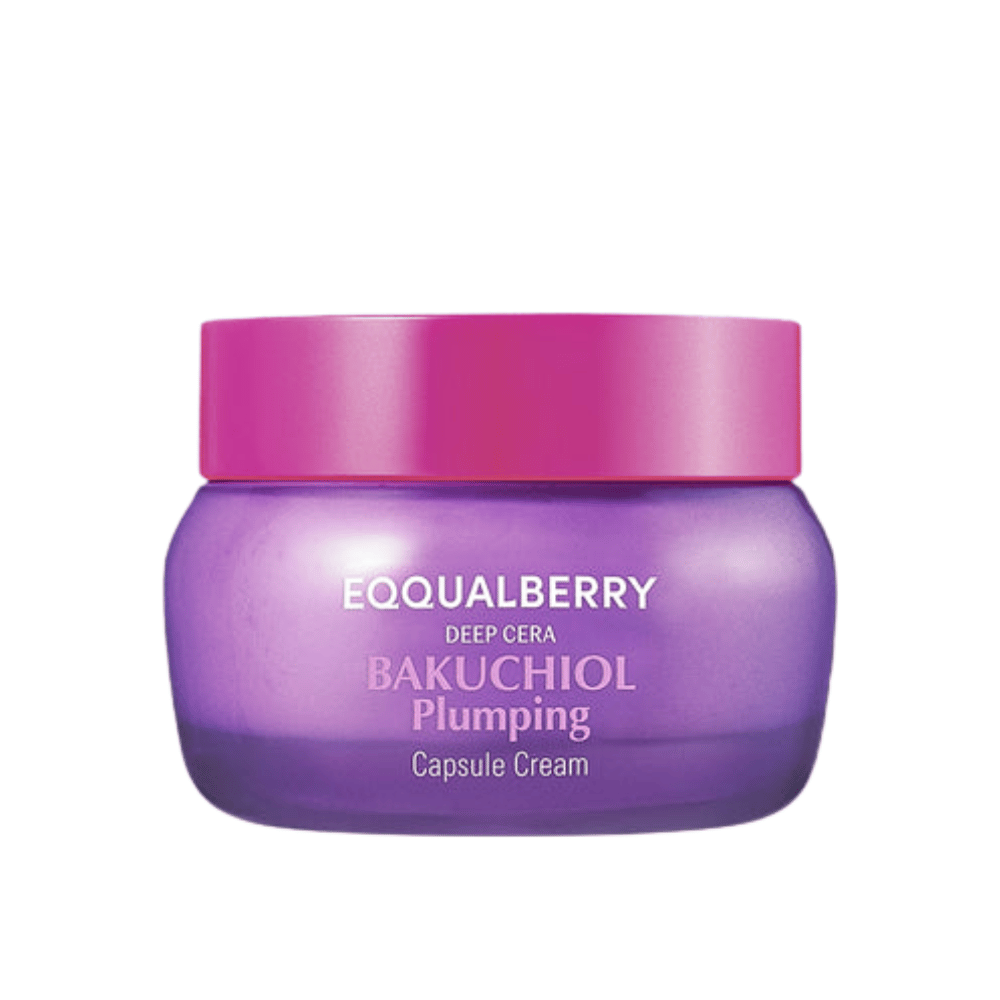 Obrázok produktu EQQUALBERRY Bakuchiol Plumping Capsule Cream v fialovej nádobe s ružovým vrchnákom – intenzívna hydratácia a anti-age efekt.