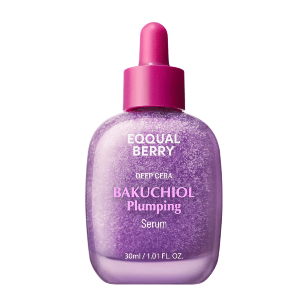 Equal Berry Bakuchiol Plumping Serum v fialovej trblietavej fľaši s ružovou pipetou. Hydratačné a spevňujúce sérum pre žiarivú pleť.