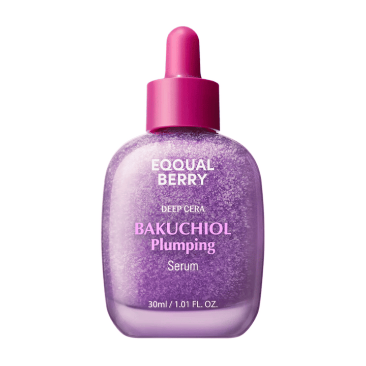 Equal Berry Bakuchiol Plumping Serum v fialovej trblietavej fľaši s ružovou pipetou. Hydratačné a spevňujúce sérum pre žiarivú pleť.