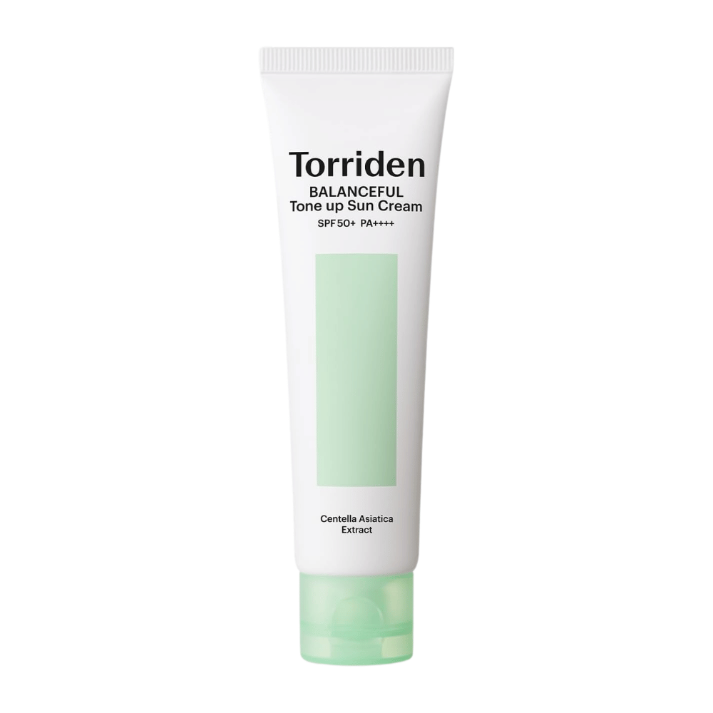 Torriden Balanceful Tone Up Sun Cream SPF50+ PA++++ produktový obrázok na bielom pozadí s Centella Asiatica pre upokojujúcu starostlivosť a každodennú UV ochranu.