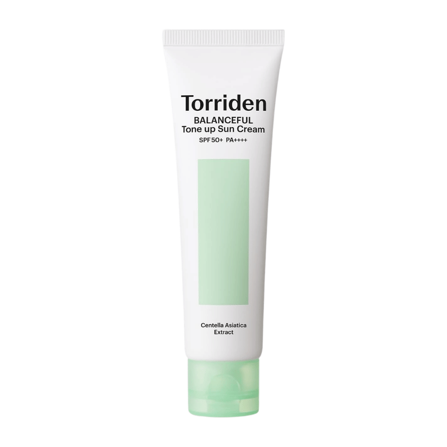 Torriden Balanceful Tone Up Sun Cream SPF50+ PA++++ produktový obrázok na bielom pozadí s Centella Asiatica pre upokojujúcu starostlivosť a každodennú UV ochranu.